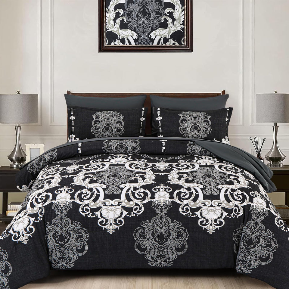 Mybedsoul king comforter with damask pattern, showcasing luxurious all-season warmth.