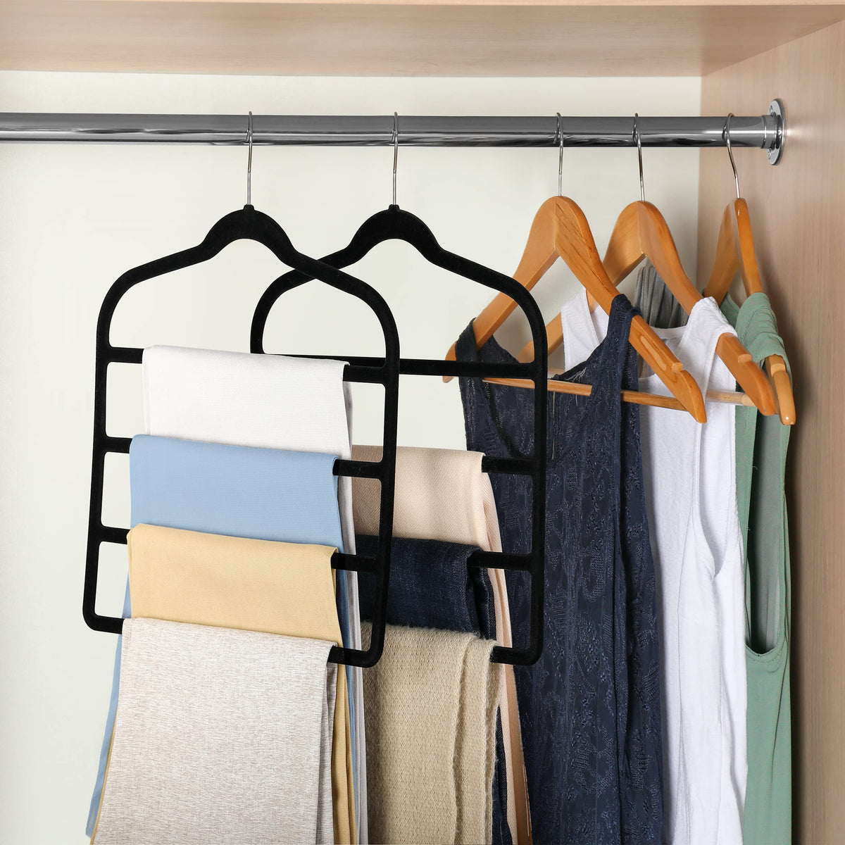 Myfolrena velvet hangers organize jeans, slacks, scarves, and ties neatly.