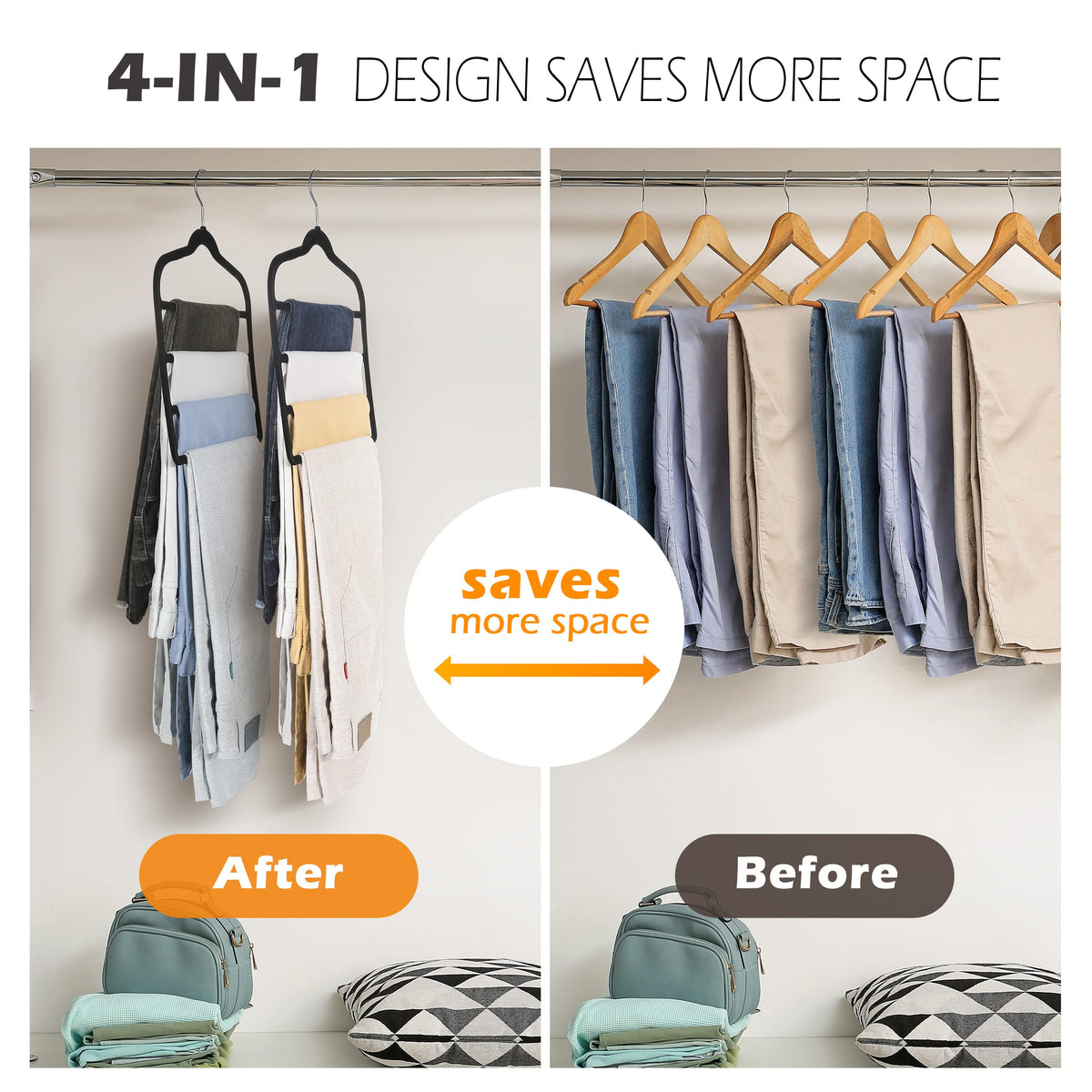 Myfolrena velvet 4 tier hanger saves closet space for multiple pants.