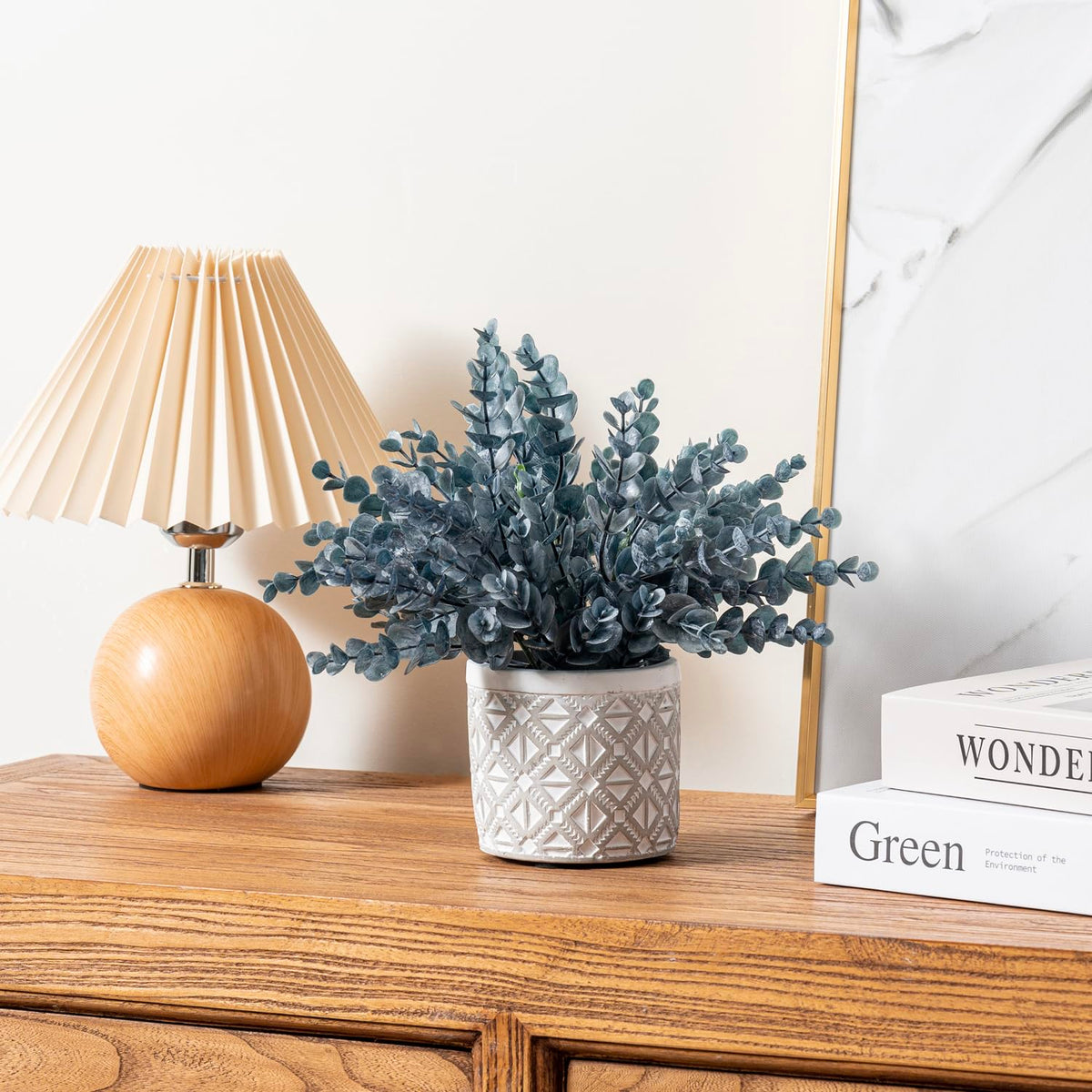 MyGift low-maintenance artificial eucalyptus on a desk for quick styling