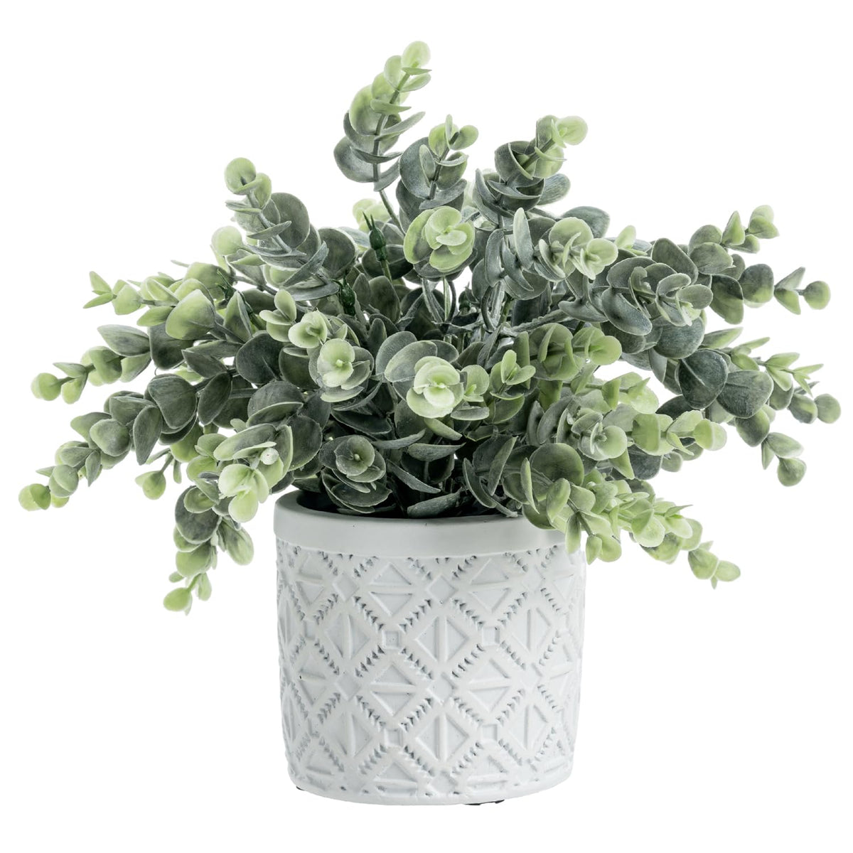 MyGift artificial eucalyptus in gray concrete pot with geometric embossing for elegant tabletop decor