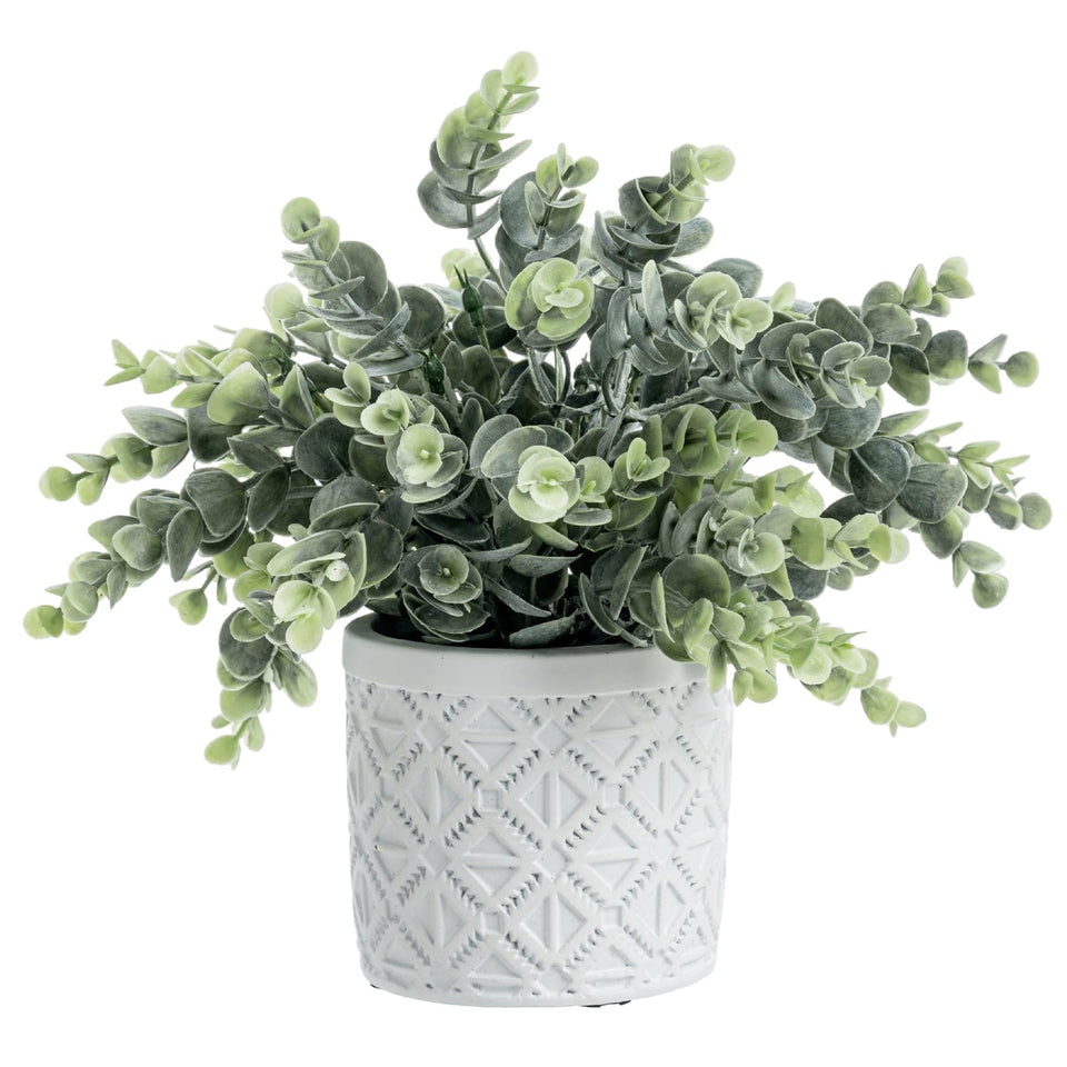 MyGift artificial eucalyptus in gray concrete pot with geometric embossing for elegant tabletop decor