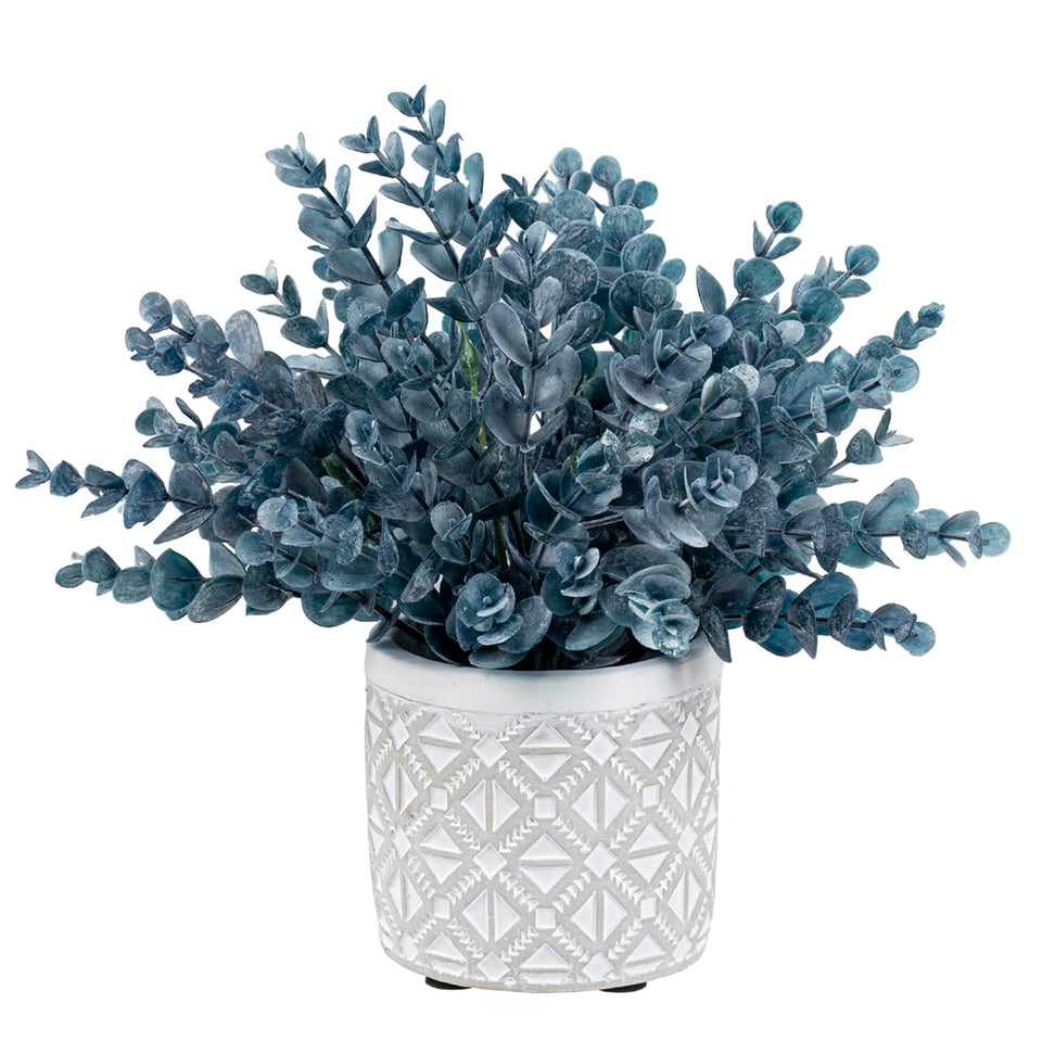 MyGift artificial eucalyptus in a gray concrete pot with embossed pattern adds modern texture to any desk