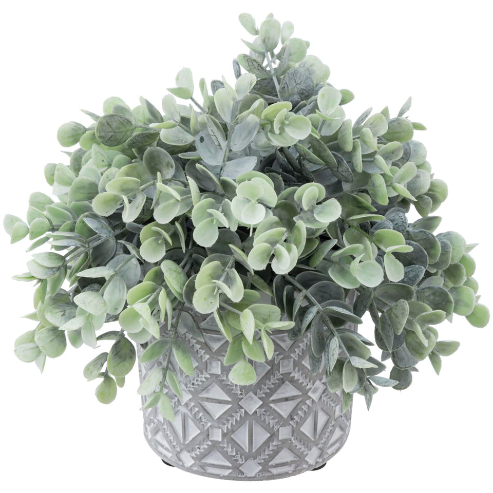 MyGift artificial eucalyptus plant in gray concrete pot for timeless tabletop elegance.