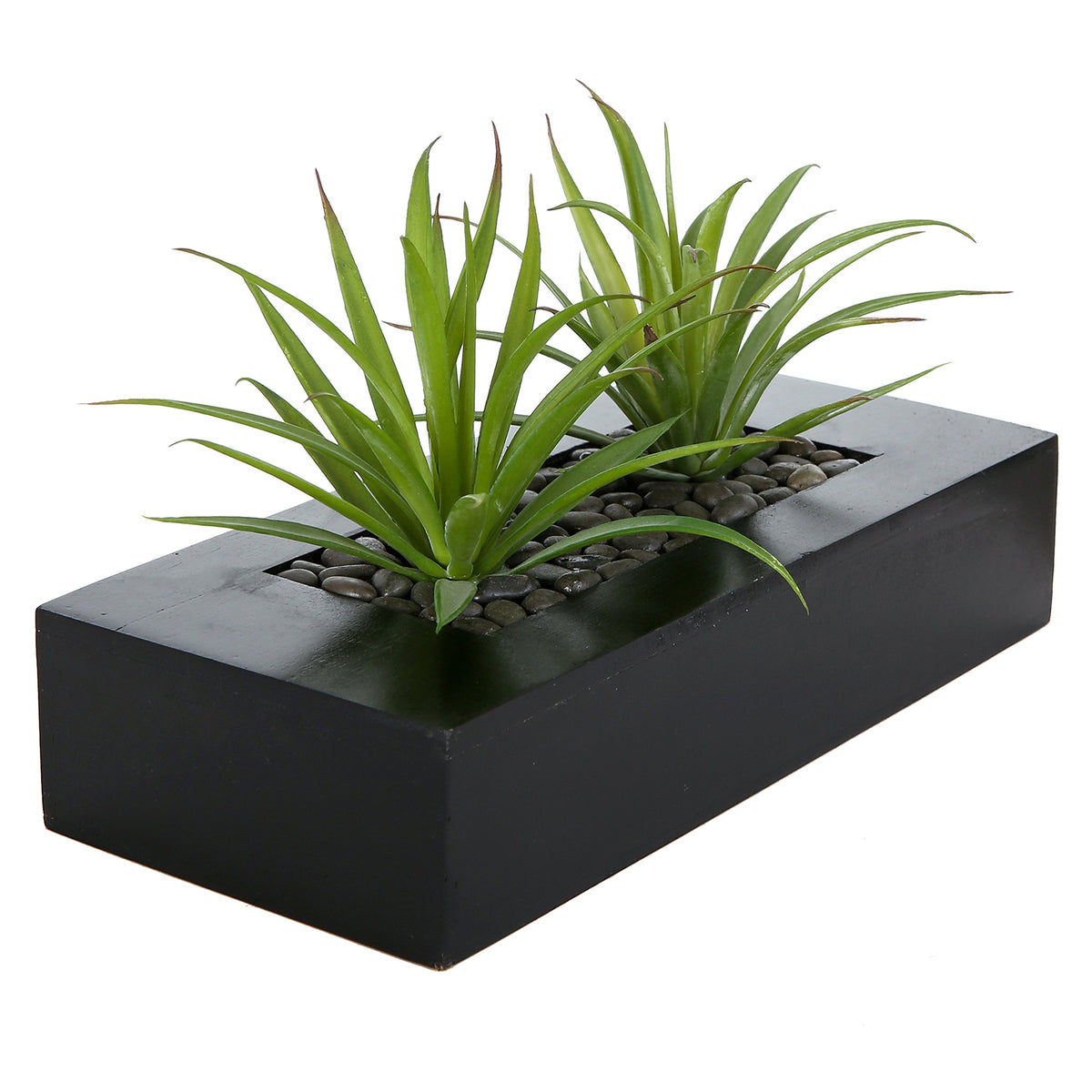 MyGift artificial grass plants in a rectangular black wood planter on a desk for décor