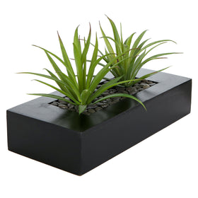 MyGift artificial grass plants in a rectangular black wood planter on a desk for décor