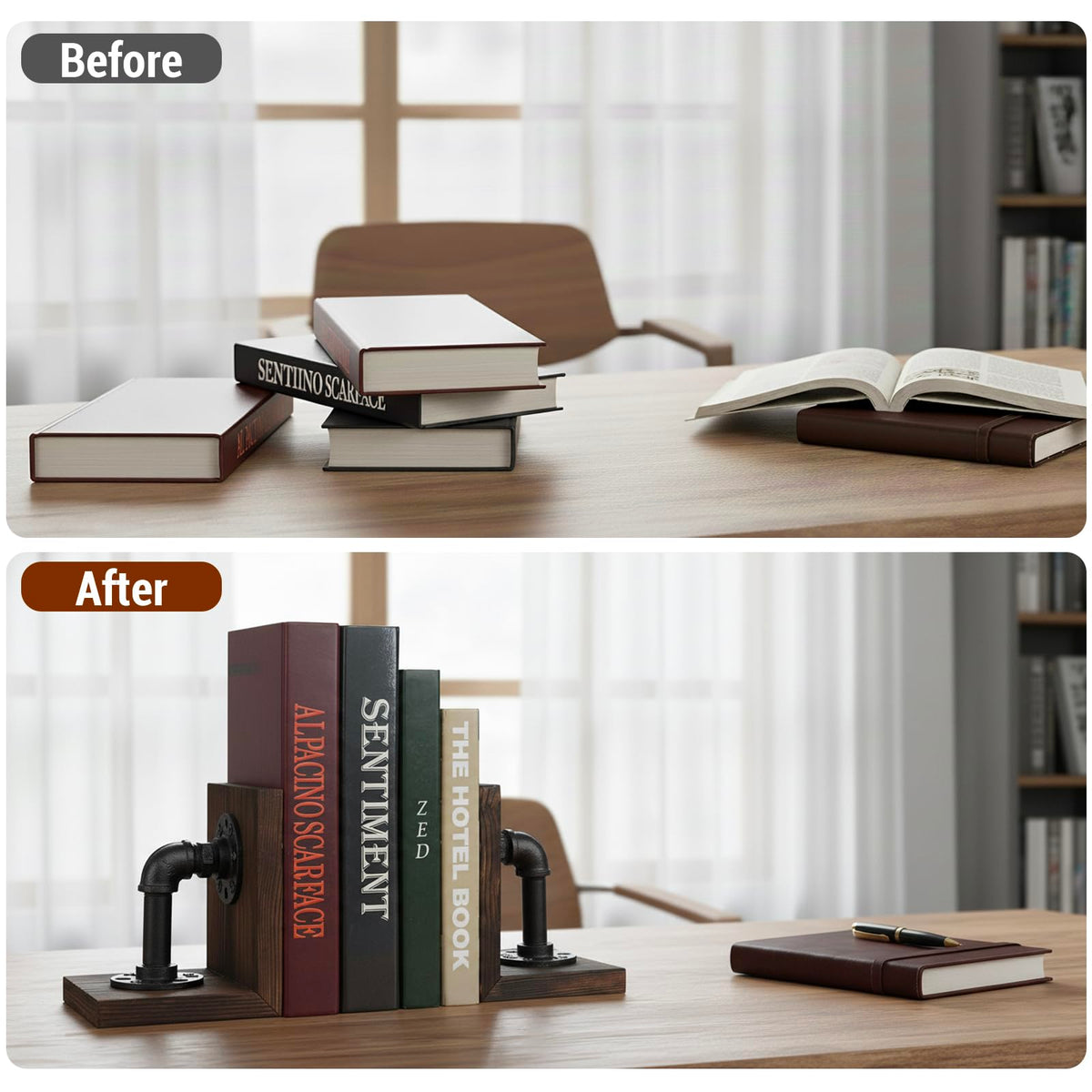 MyGift sturdy L-shaped book ends provide stable support for heavy books.