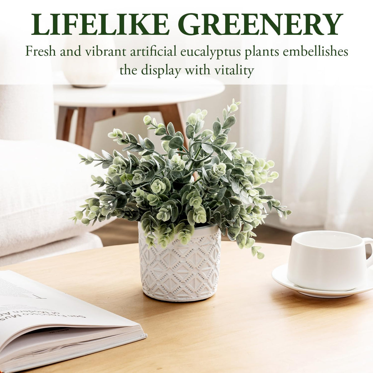 MyGift eucalyptus plant in white modern pot suitable for home and office spaces