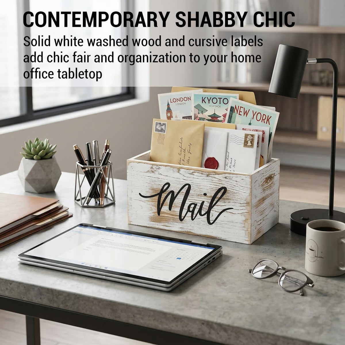 MyGift Mail Holder on a desk keeps letters neatly organized