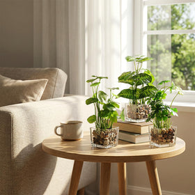 MyGift taro plant in glass pot, side view for shelving.