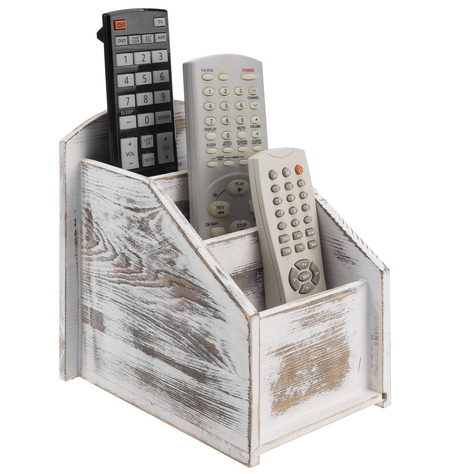 MyGift TV remote holder in whitewashed wood with three compartments for remotes.