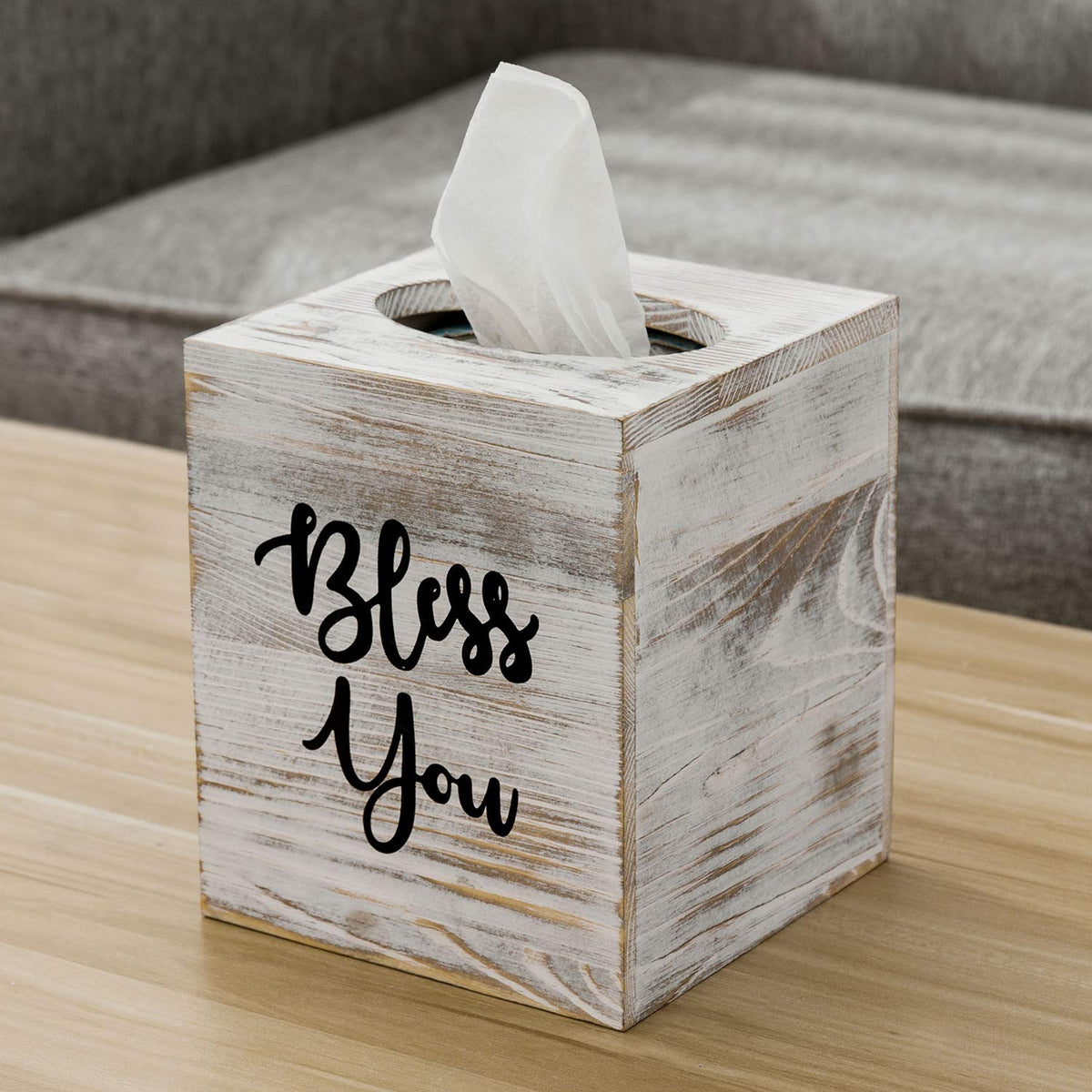 MyGift white-washed square tissue box cover shows rustic charm and easy access.