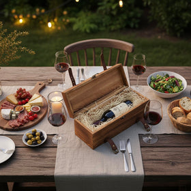 MyGift wooden wine gift box side view shows leather straps for secure transport