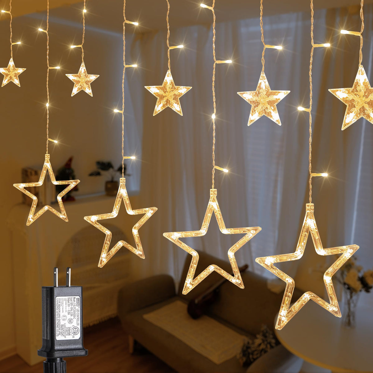 MYGOTO 126L warm white star icicle light assembly for cozy holiday ambience