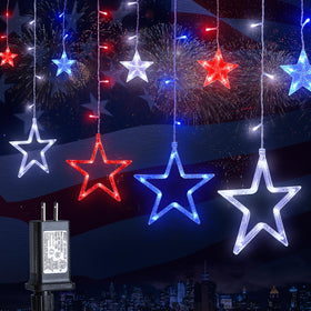 MYGOTO patriotic star icicle lights illuminate windows with red, white and blue for outdoor decor.