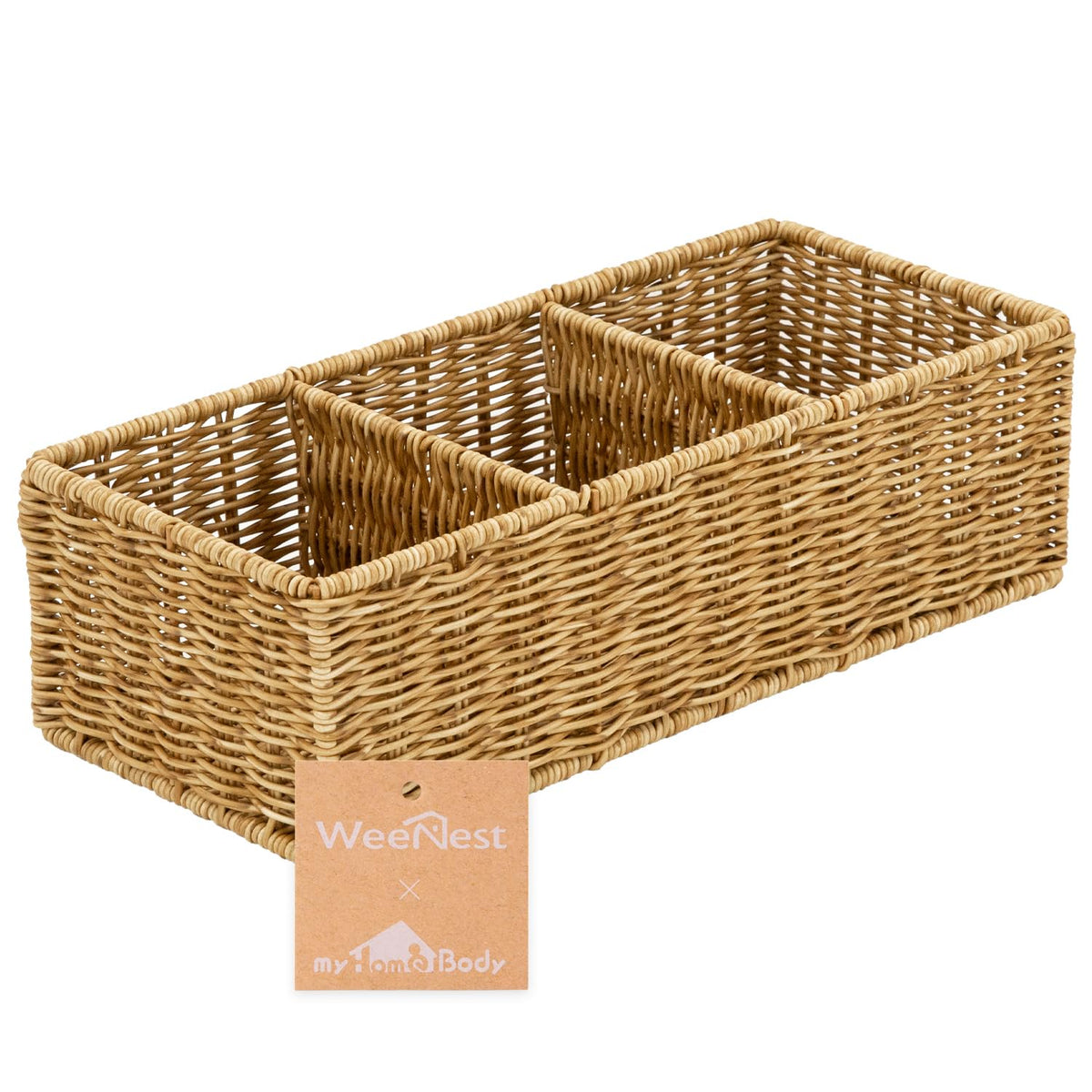 myHomeBody wicker basket with compartments on toilet tank keeps rolls organized.