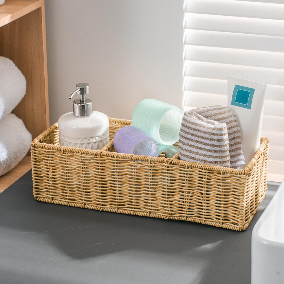myHomeBody bathroom basket with metal supports supports stable countertop storage.