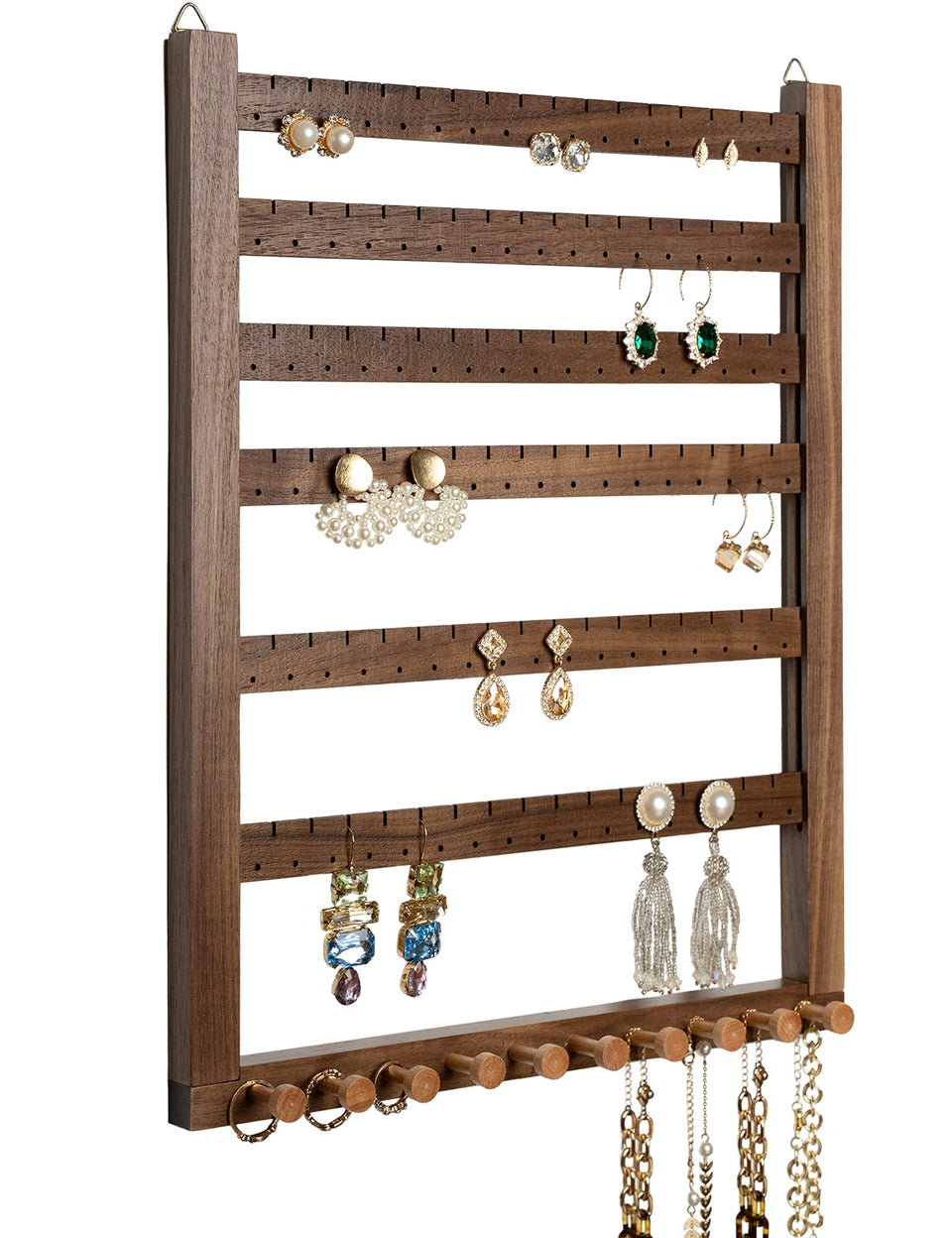 Mymazn easy-assemble walnut earring wall holder, assembled view for quick access.