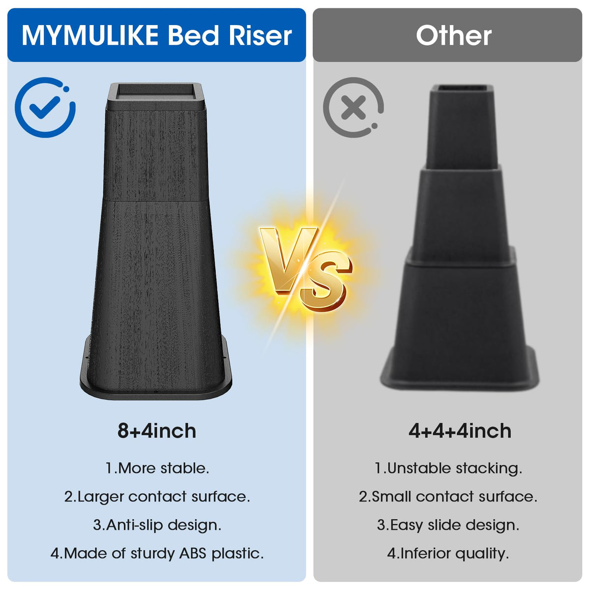 MYMULIKE bed risers 4inch compact lift supports lighter pieces and daily reach