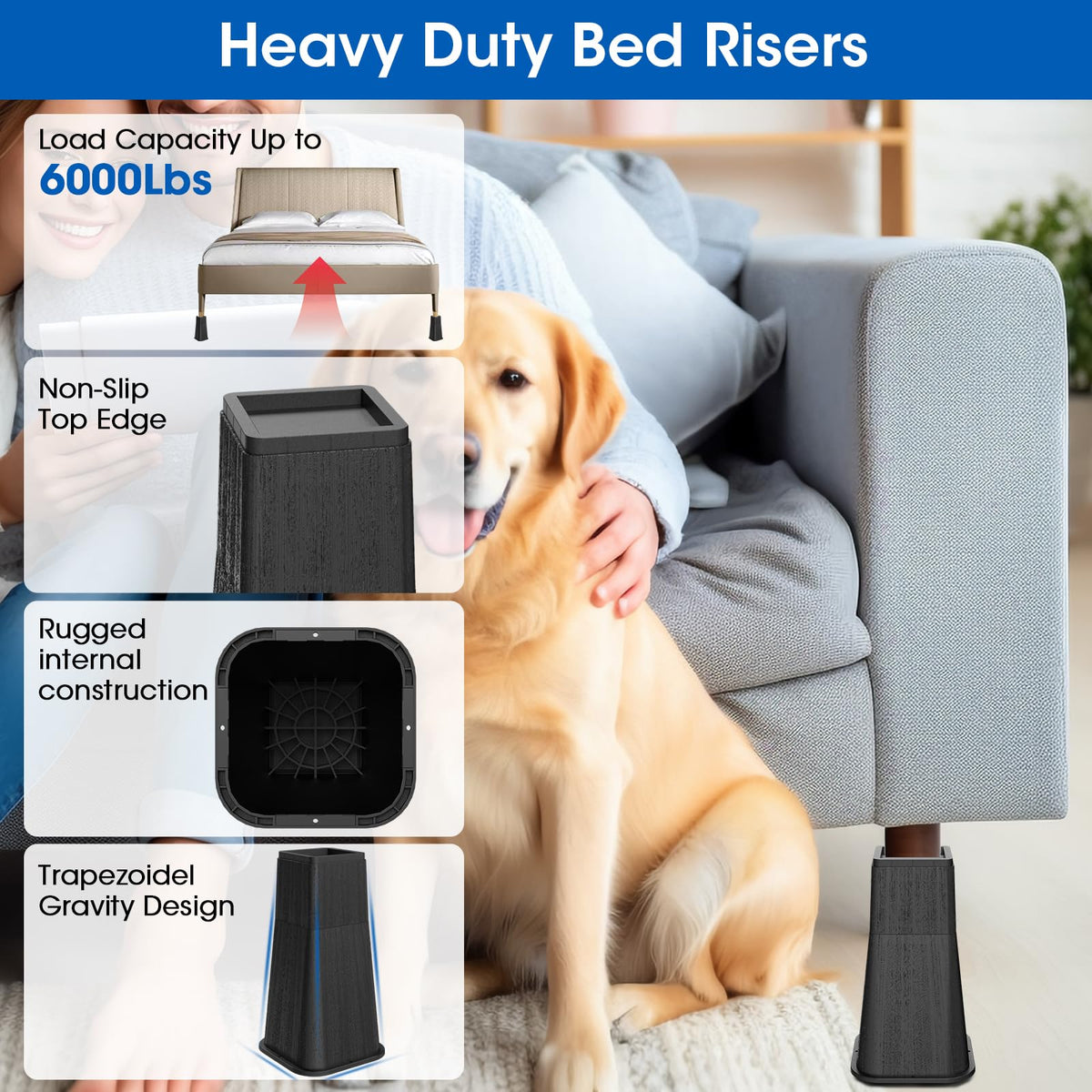 MYMULIKE risers feature anti-slip pads for secure furniture placement