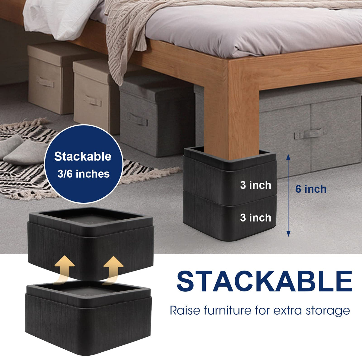 MYMULIKE risers create extra storage space under furniture.