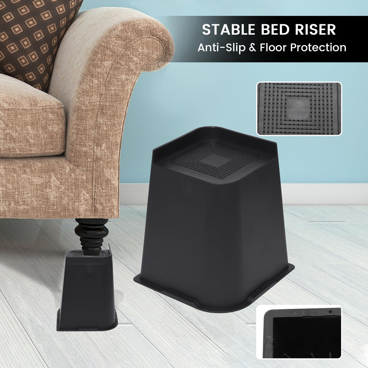 MYMULIKE easy-install risers lift furniture quickly for storage.