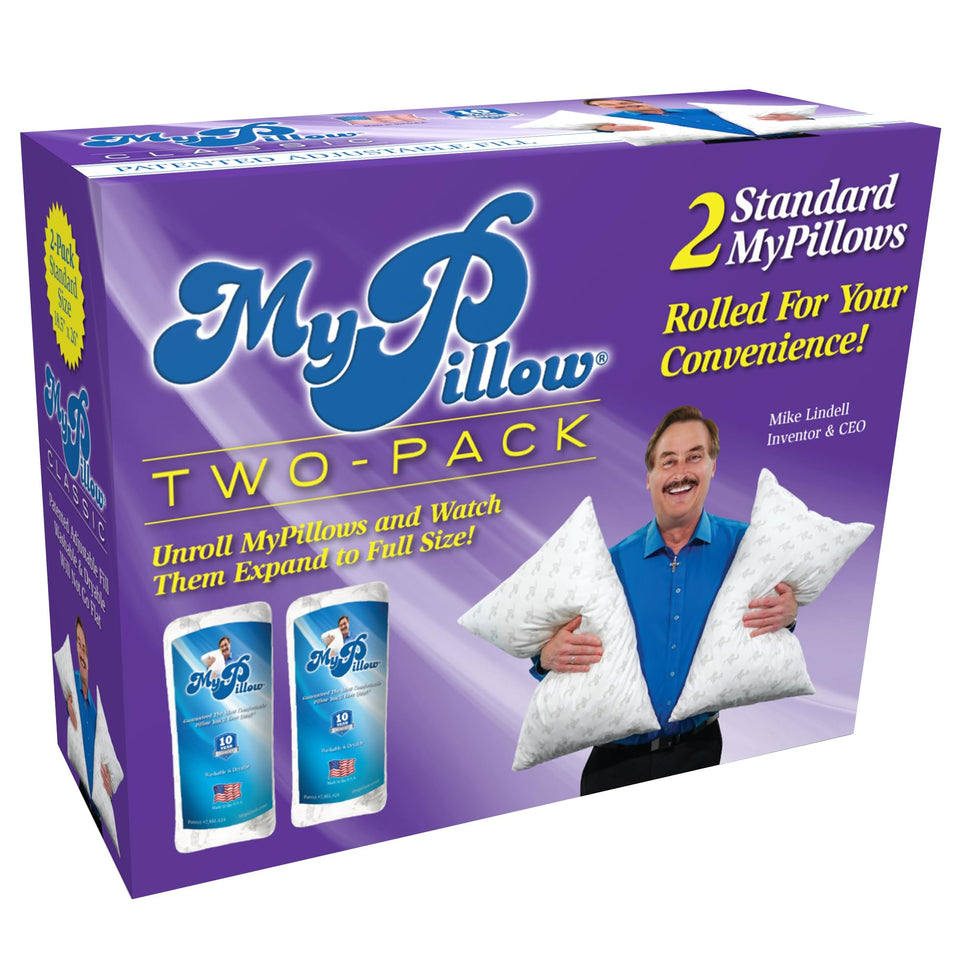 MyPillow Classic Pillow two-pack on bed offering balanced support for all sleep positions.
