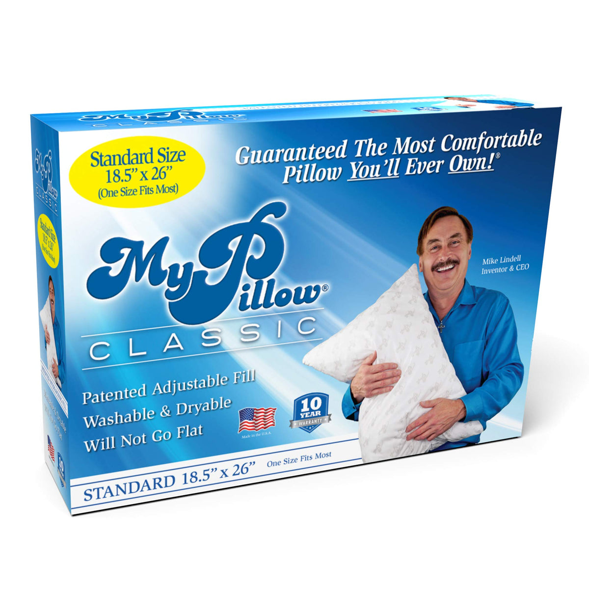 MyPillow Classic Pillow standard size rolled packaging with breathable cotton cover.
