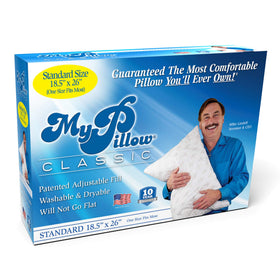 MyPillow Classic Pillow standard size rolled packaging with breathable cotton cover.