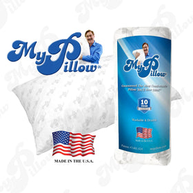 MyPillow Classic packaging and easy setup on a nightstand.