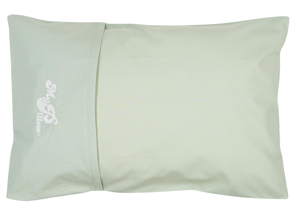 MyPillow multi-use travel pillow rolled in its built-in case for easy portability.