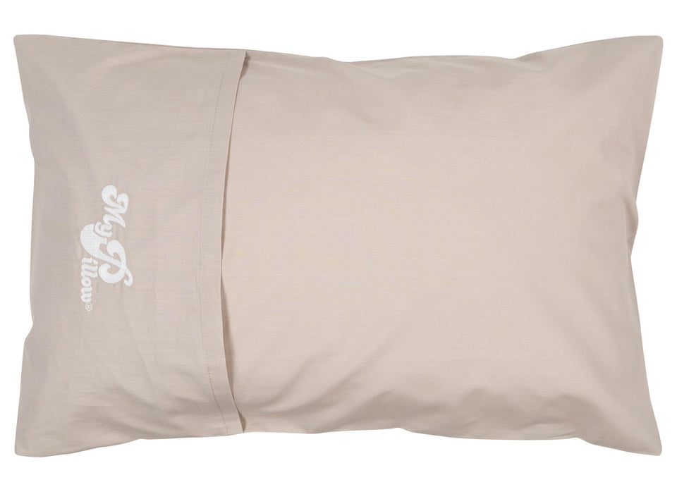 MyPillow travel pillow rolled up in its built-in case for easy packing.