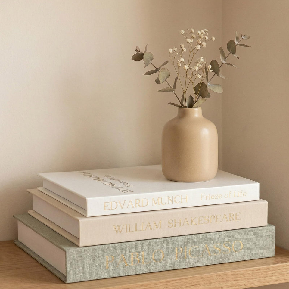 Myrthyn decorative books front view add calm color while concealing clutter