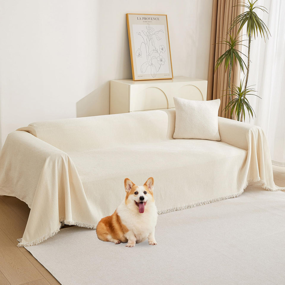 MYSKY HOME boho couch cover with tassel edge protects sofa from wear