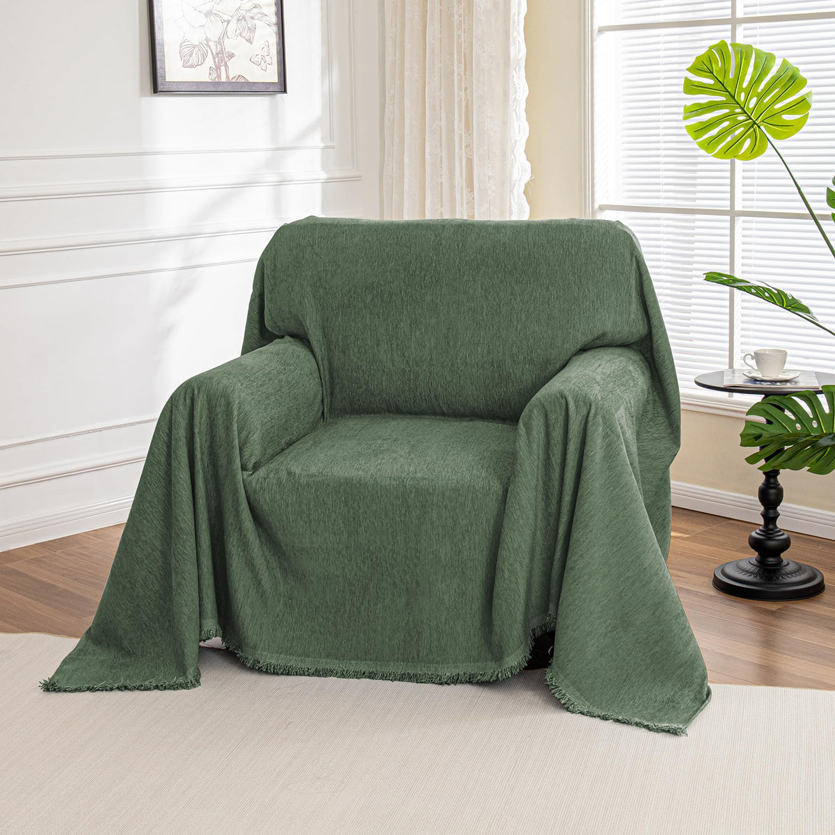 MYSKY HOME moss green throw cover in a cozy living room ambience