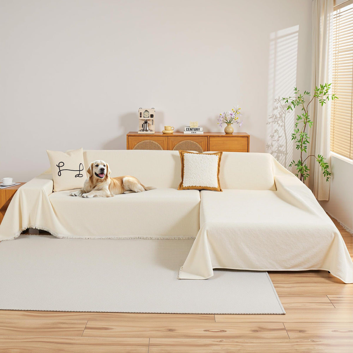 MYSKY HOME chenille couch cover on sectional left chaise protects against wear and pet scratches.