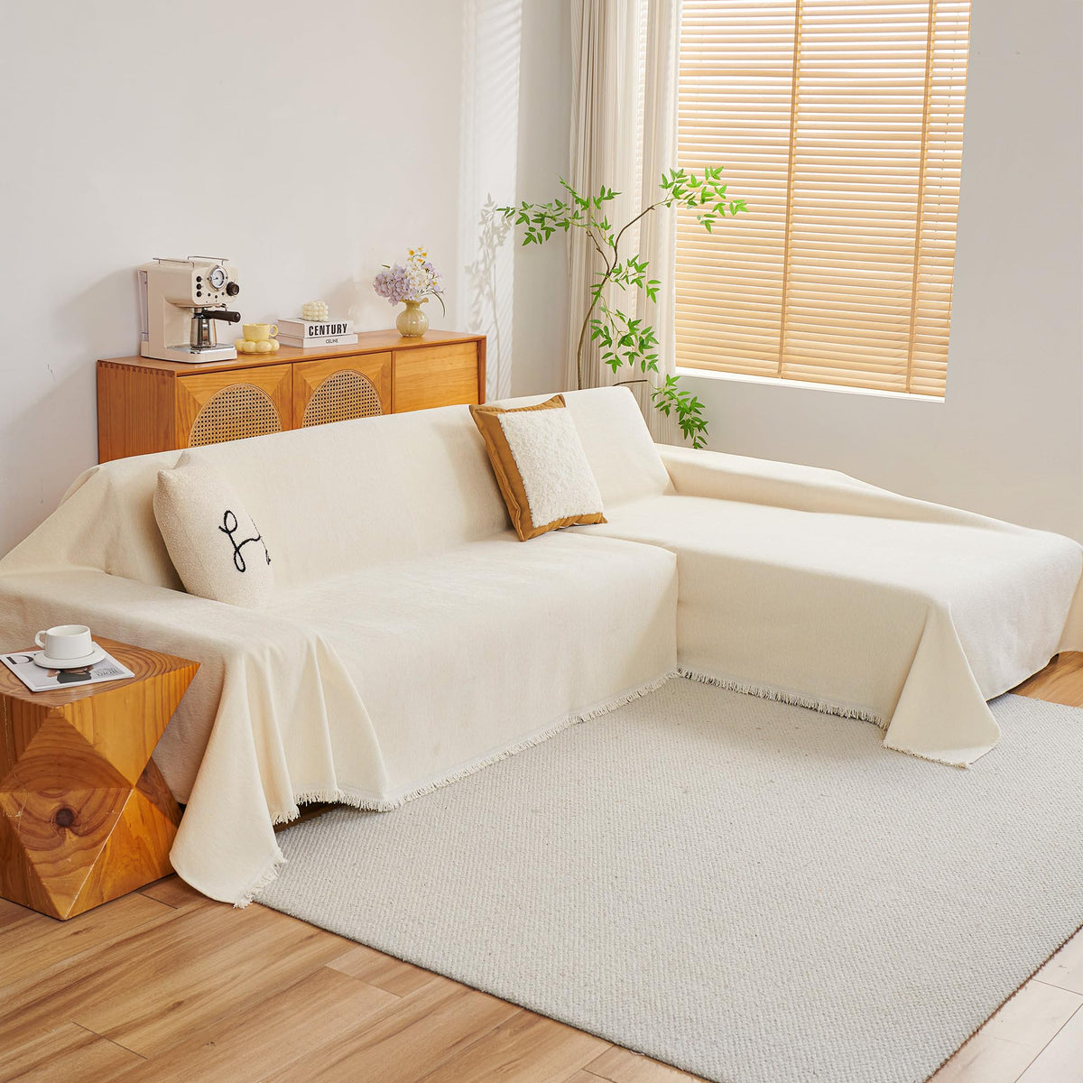 MYSKY HOME chenille couch cover on sectional right chaise provides a soft beige look.