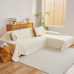 MYSKY HOME chenille couch cover on sectional right chaise provides a soft beige look.