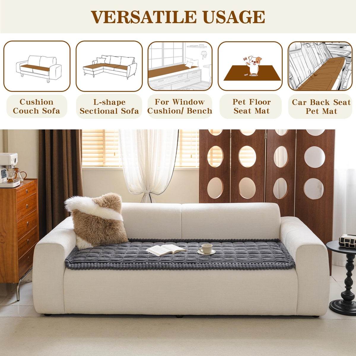 MYSKY HOME couch cover on sofa with a dog demonstrates pet-friendly protection