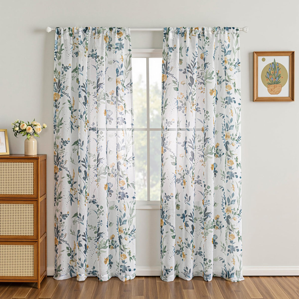 MYSKY HOME floral curtains close-up of soft sheer fabric and delicate print.