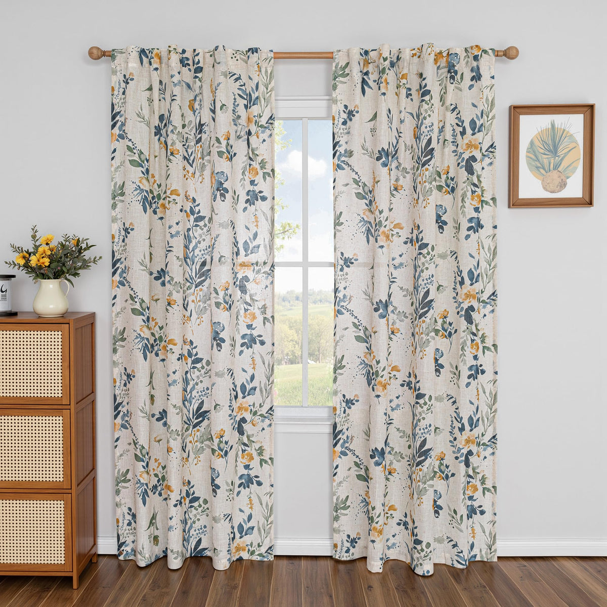 MYSKY HOME floral linen curtains close-up, texture and light filtering.