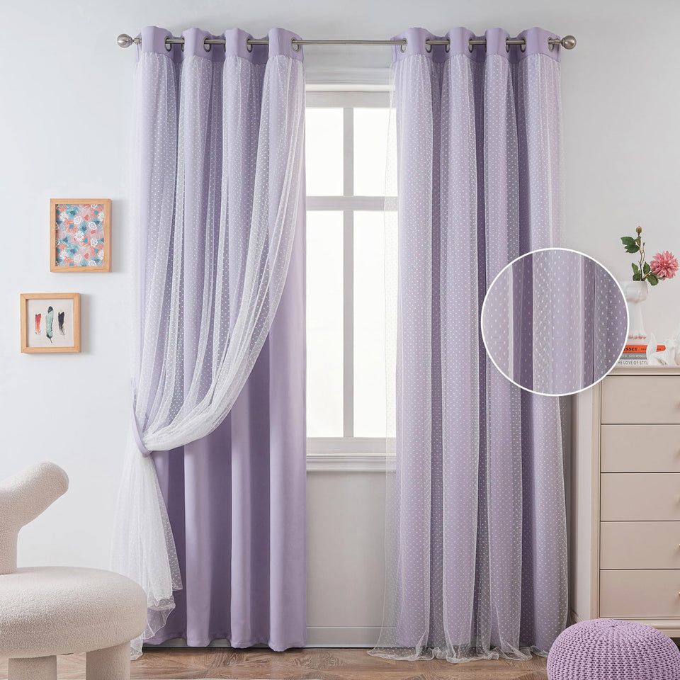MYSKY HOME Lilac blackout curtains with polka dots in front view, soft light control.