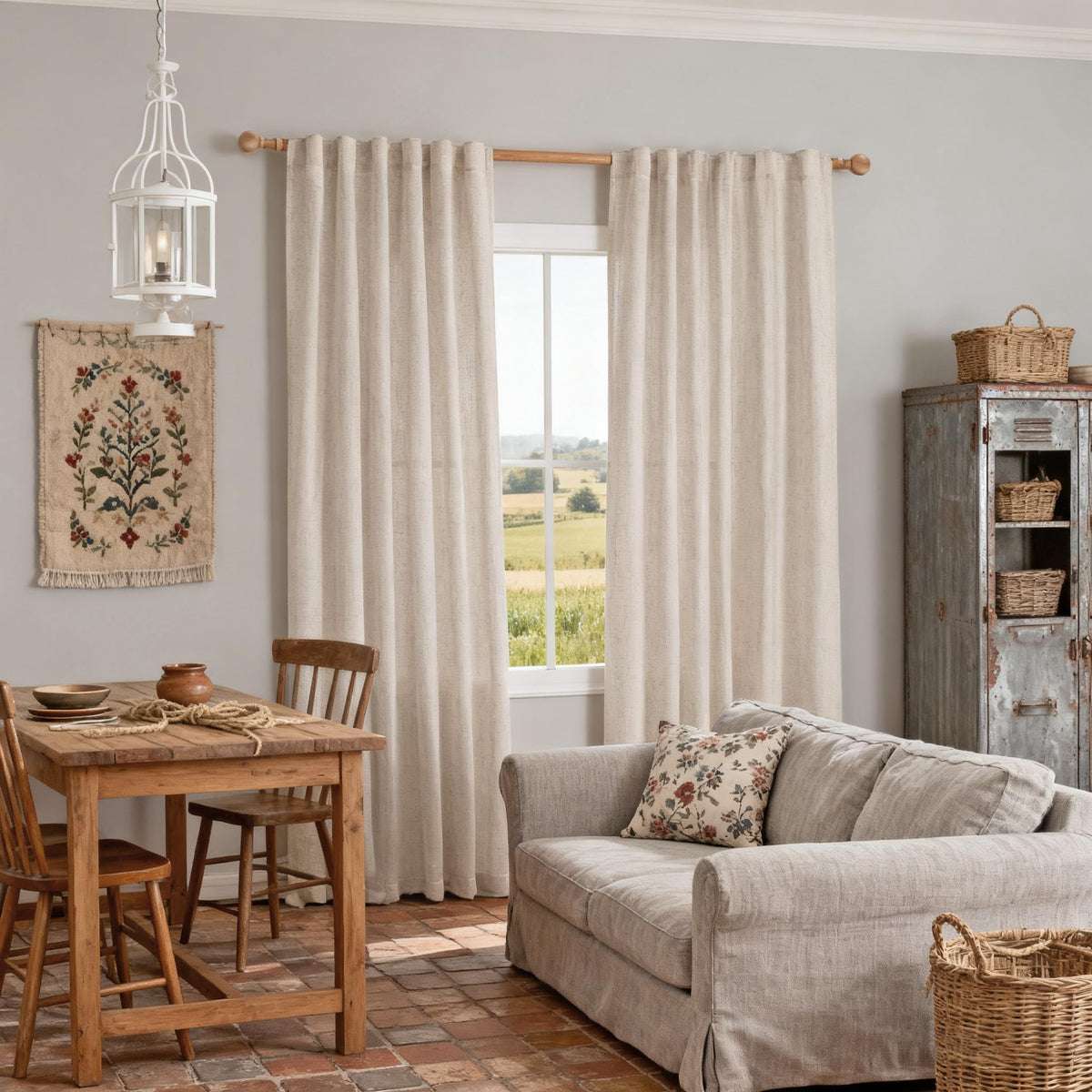 Natural color curtains with woven pattern complementing neutral interiors