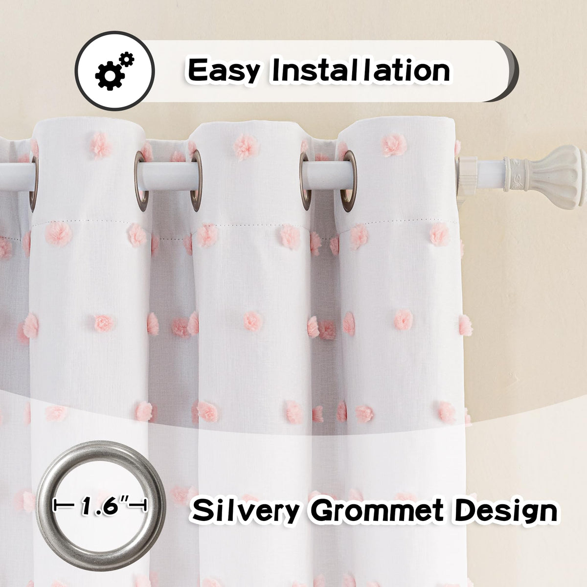 MYSKY HOME pink blackout curtains grommet installation demonstrates easy sliding and even weight.