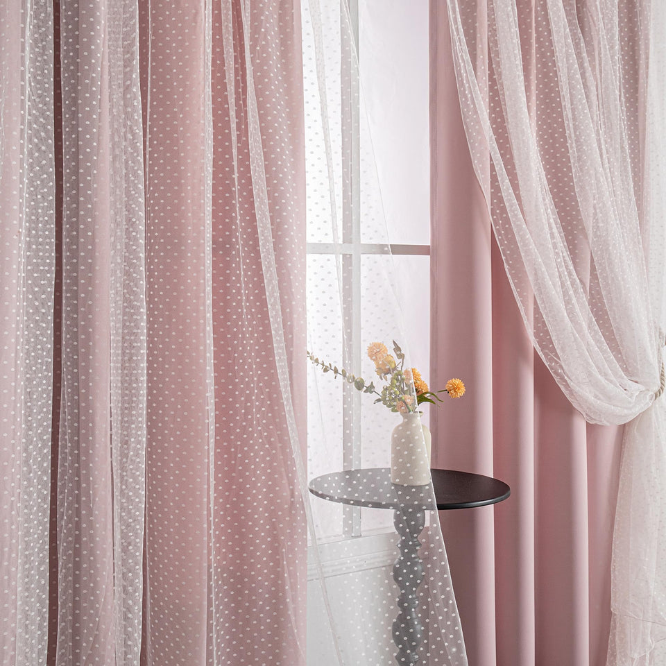 MYSKY HOME pink blackout curtains with polka dot sheer front for softer daylight and privacy.