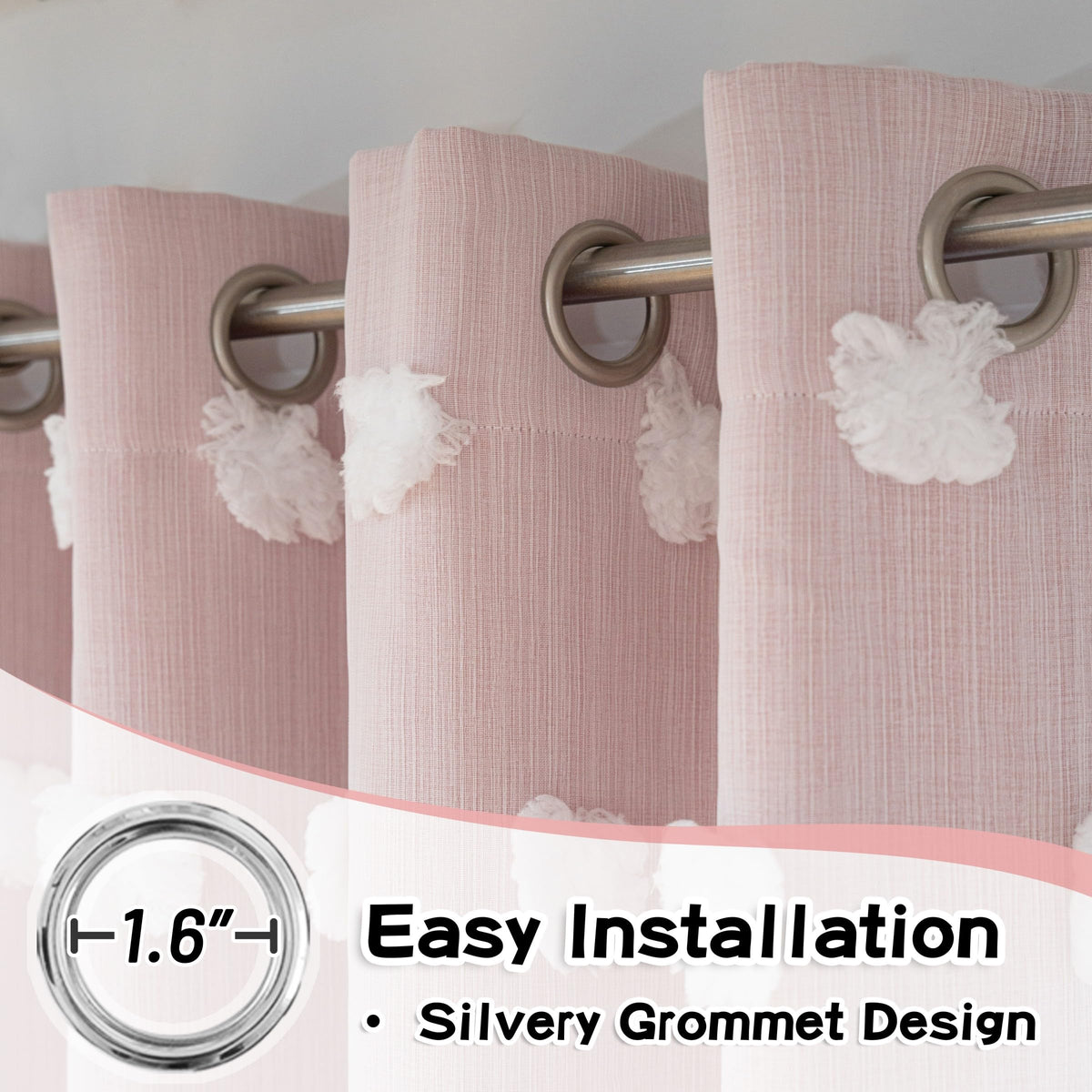 Pom pom sheer overlay from MYSKY HOME adds playful texture to windows.