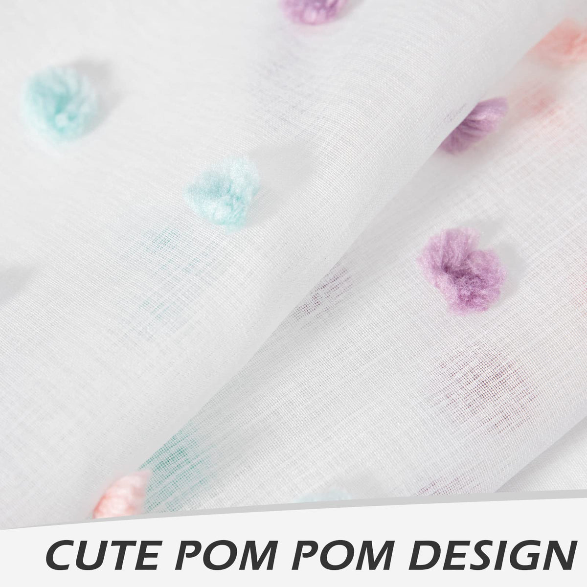 MYSKY HOME Rainbow Pom Pom Curtains showcase pom-pom trim detail.