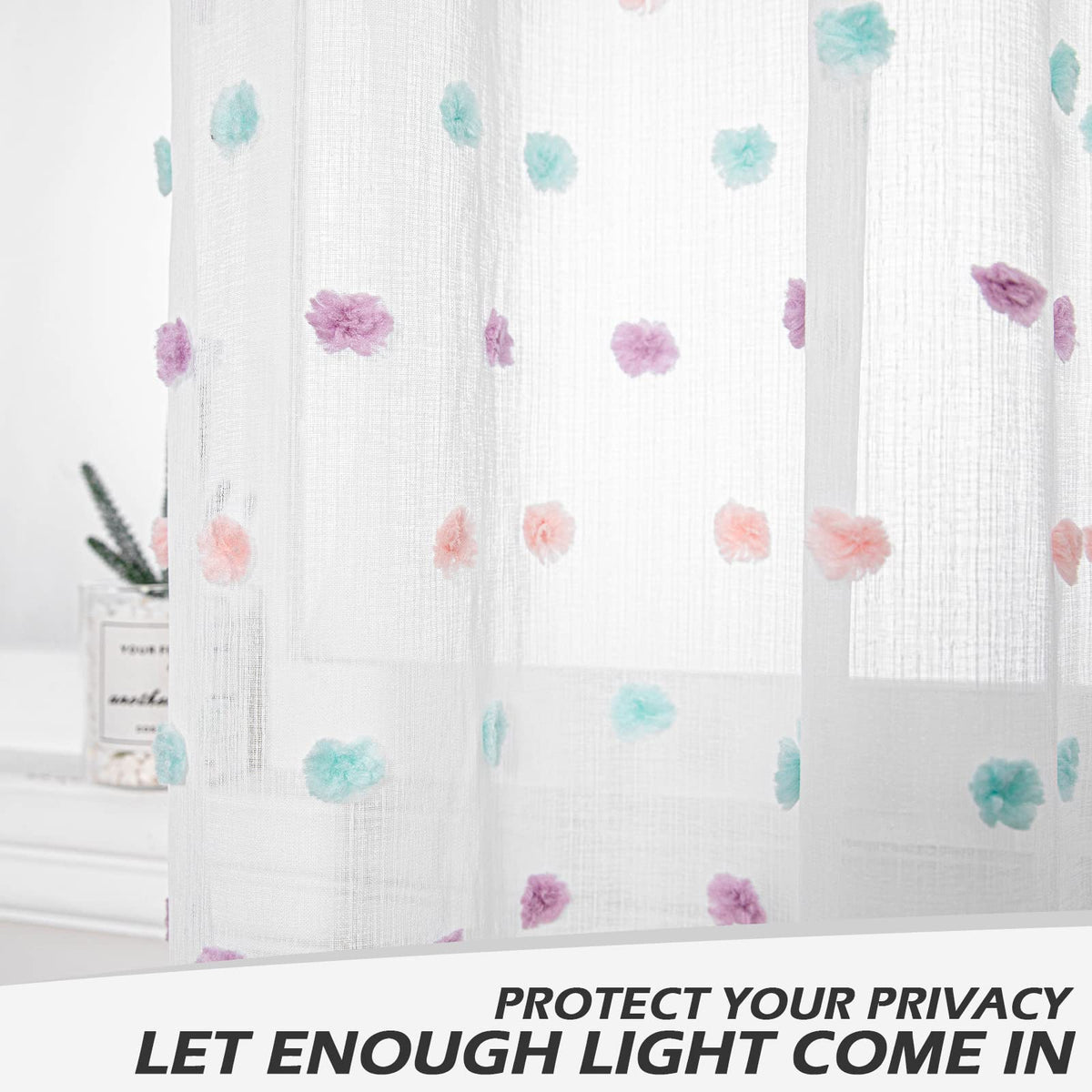 MYSKY HOME Rainbow Pom Pom Curtains create airy room ambiance.