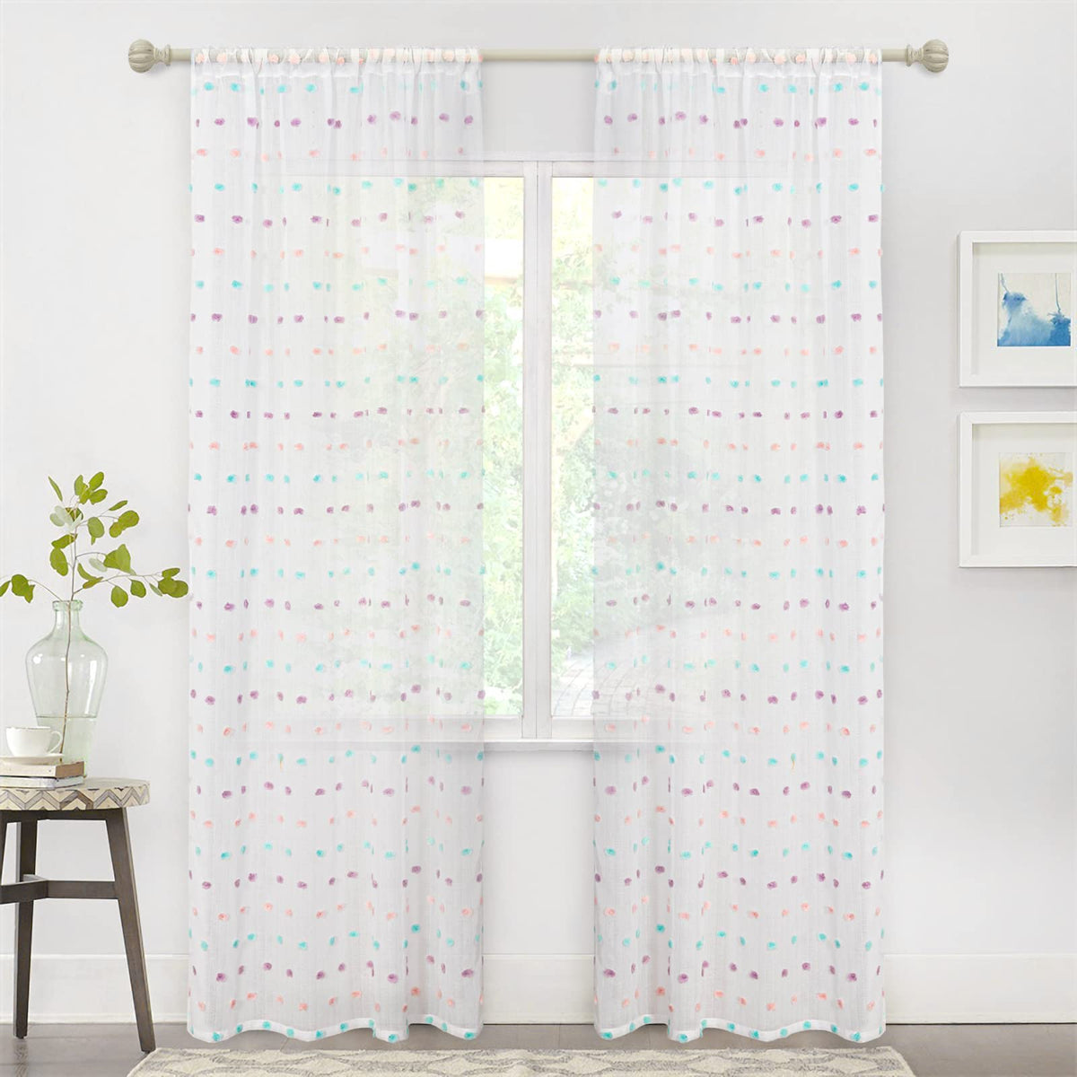 MYSKY HOME Rainbow Pom Pom Curtains complement traditional and modern decor.