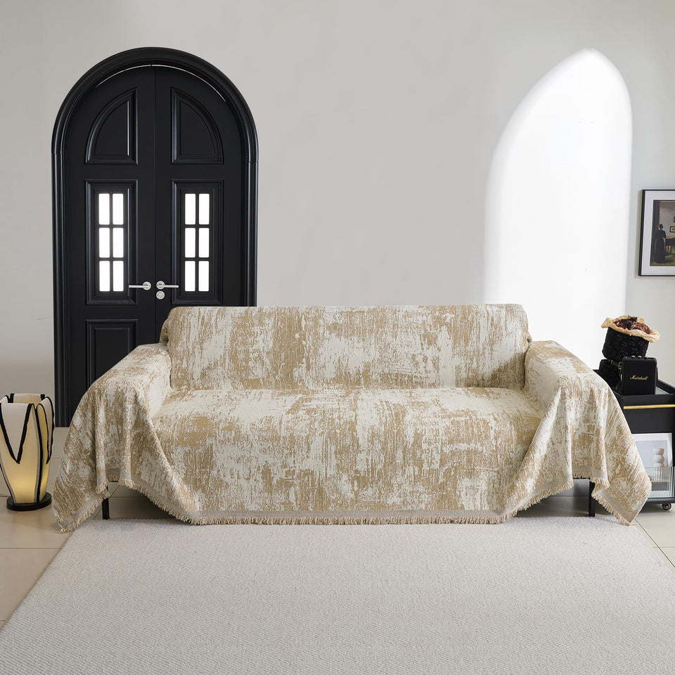MYSKY HOME sectional cover in khaki geometric design protects a sofa while refreshing decor.